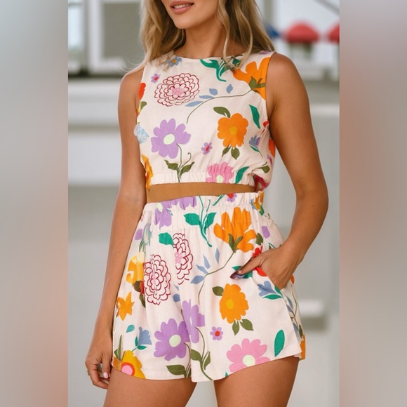 unbranded Tops - Multicolor Flower crop Top & Shorts Loungewear bohemian boho bohemian set